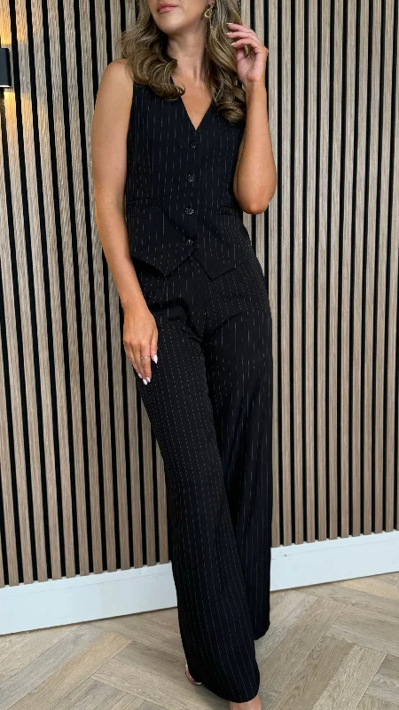 women's patterned pantsEnya Black Pinstripe Waistcoat & Trousers Co Ord