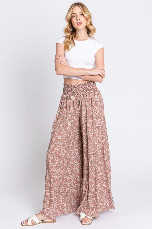 women's linen pantsMauve Floral Smocked Wide Leg Pants