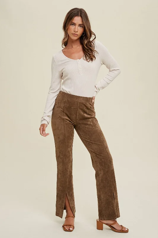 women's vintage pantsMocha Suede Pants With Front Slit Detail