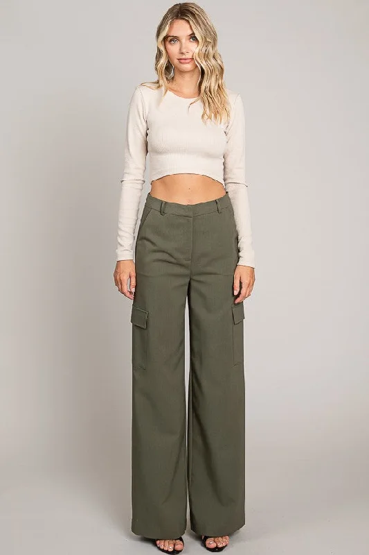 women's party pantsOlive Twill Wide Leg Flap Pocket Pants