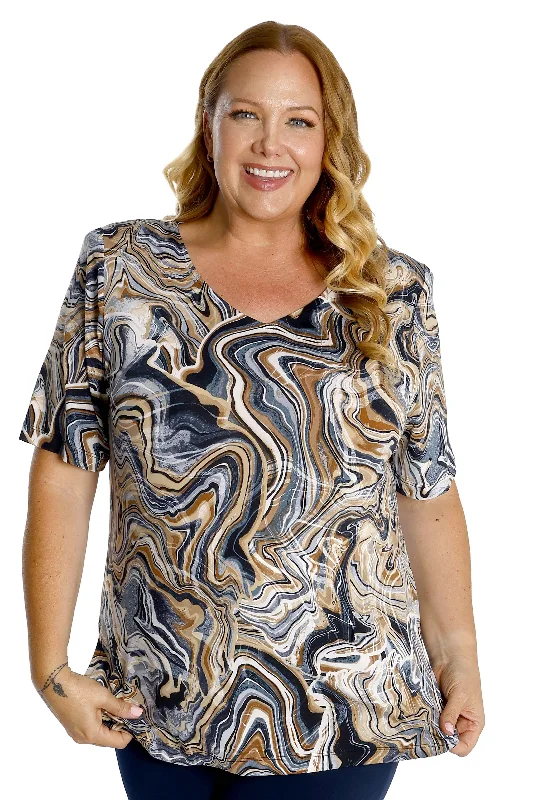 women's designer pantsVikki Vi Jersey Earth Swirl V-Neck Short Sleeve Tunic