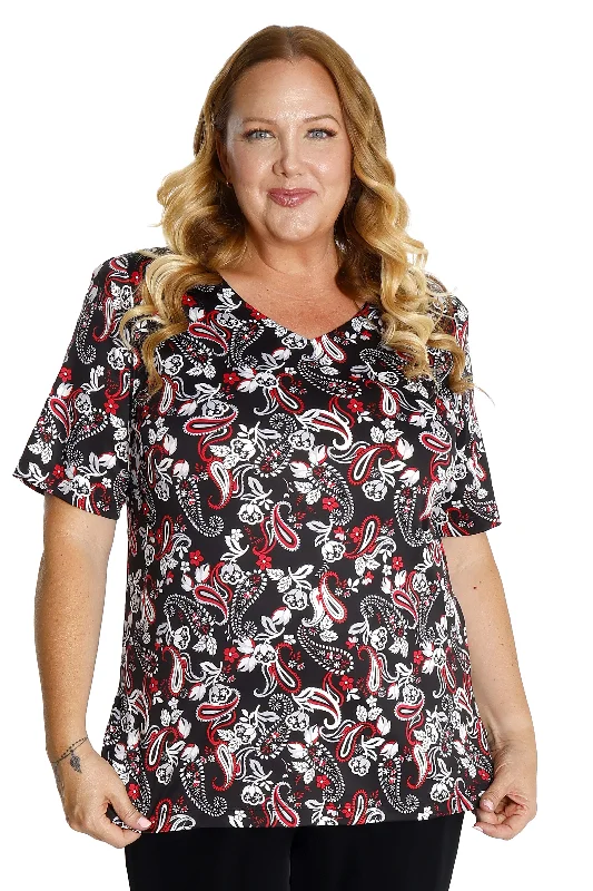 women's ripped pantsVikki Vi Jersey Red Paisley V-Neck Short Sleeve Tunic