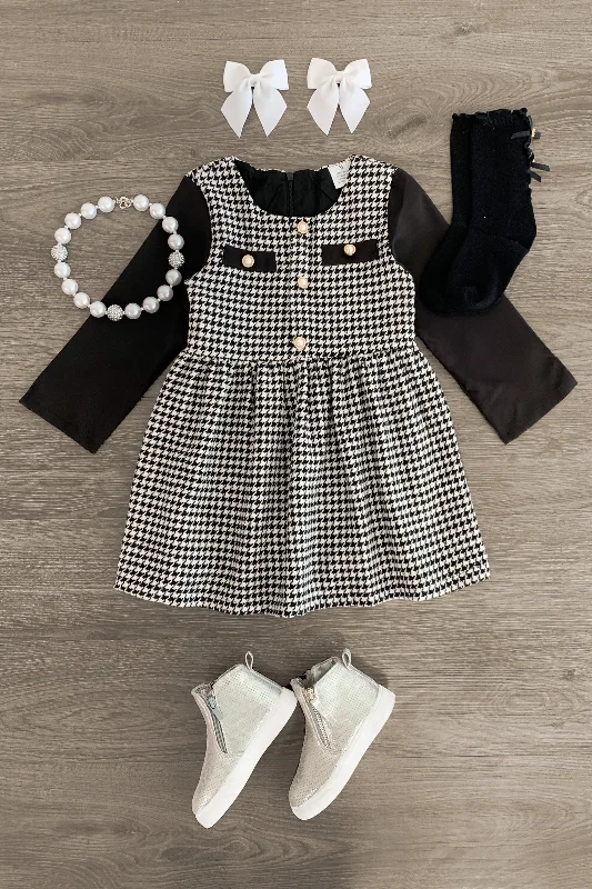 Casual DressBlack Houndstooth Pearl Dress