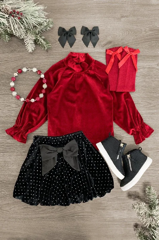 women's casual Friday dressesRed Velvet Polka Dot Glitter Skirt Set