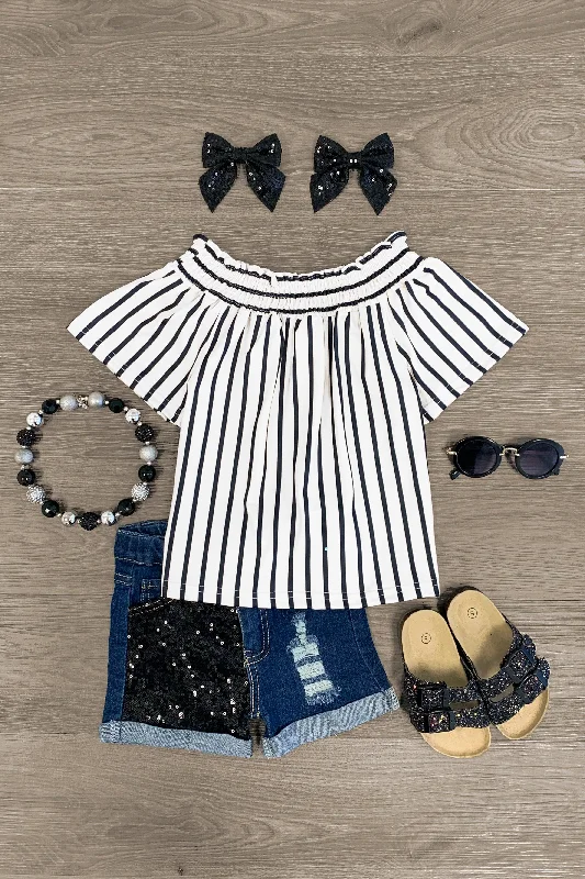 Prom DressStriped Sequin Distressed Denim Short Set