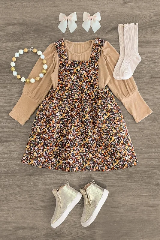 Cut-Out DressBrown Floral Corduroy Jumper Dress Set