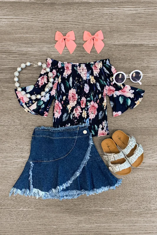 Sweetheart Neckline DressFloral Faux Wrap Denim Skirt Set