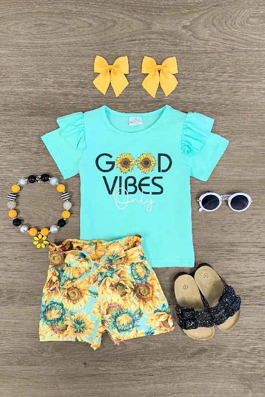 women's lace dresses"Good Vibes Only" Mint Sunflower Tie Short Set