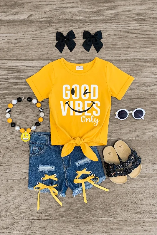 women's limited-edition dresses"Good Vibes Only" Mustard Lace Up Denim Short Set