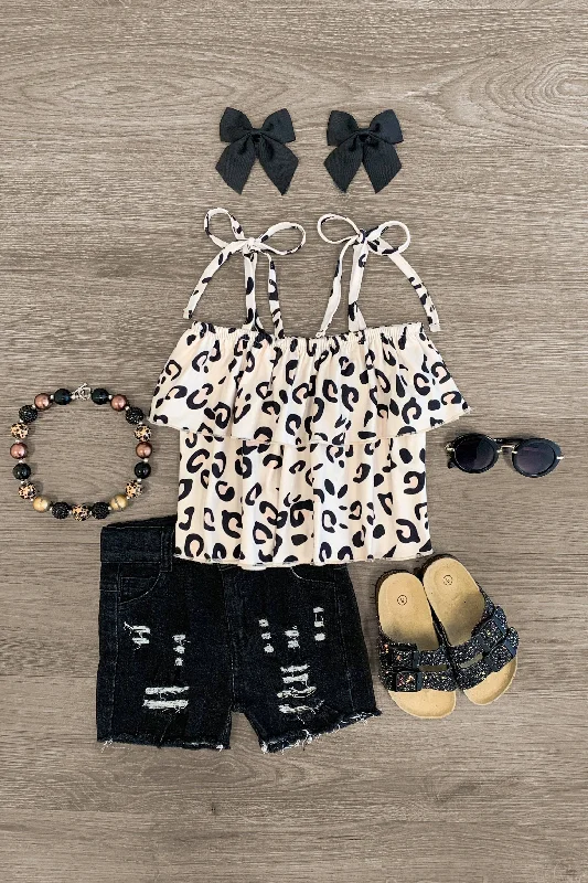 Casual Chic DressCream Leopard Tie Shoulder Denim Short Set