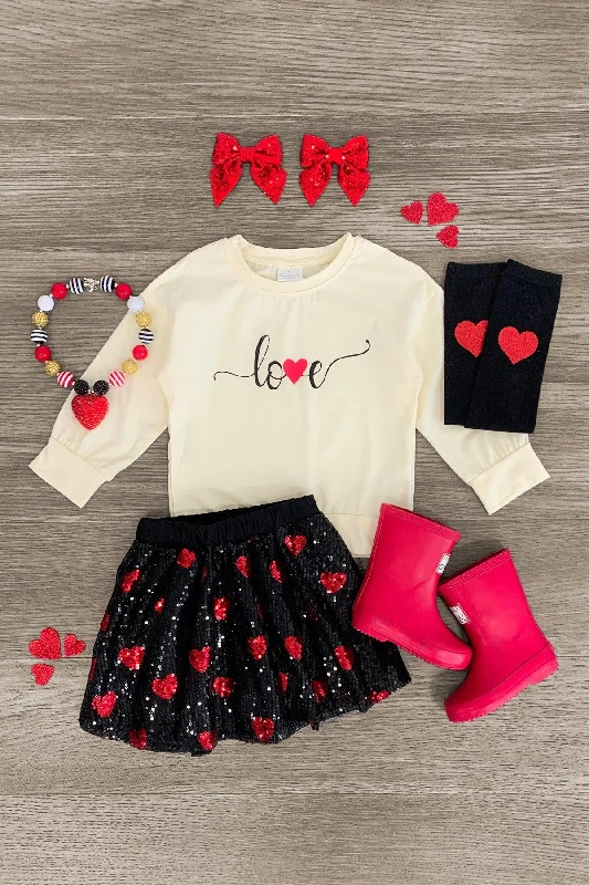 Fit-And-Flare Dress"Love" Hearts & Sequins Skirt Set