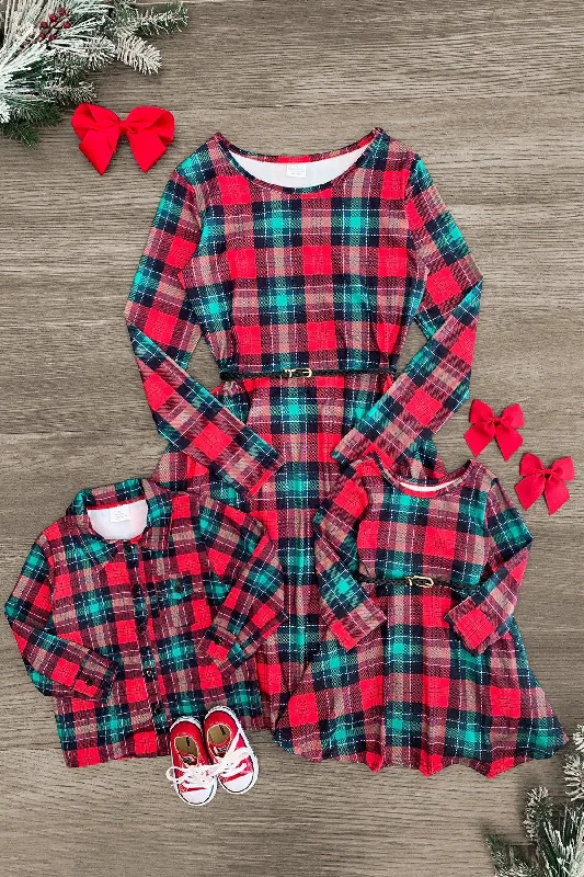 Silk DressMom & Kid - Red & Green Plaid Dress & Shirt