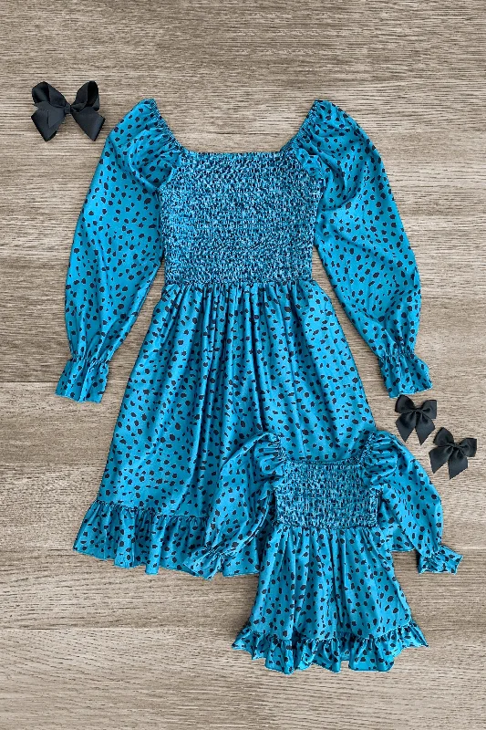 women's silk dressesMom & Me - Teal Cheetah Ruffle Dress