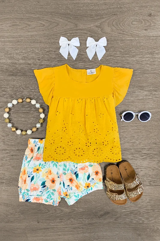 women's denim dressesMustard & White Floral Short Set