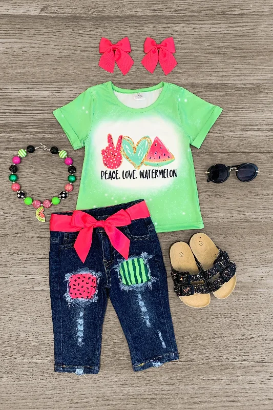 women's tall dresses"Peace. Love. Watermelon" Green Denim Capri Set