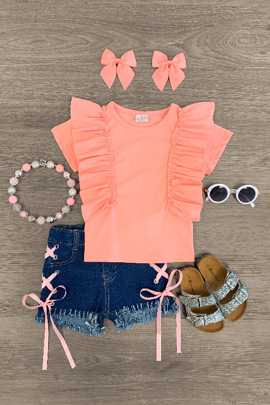 Casual Chic DressPink Ruffle Lace Up Denim Short Set