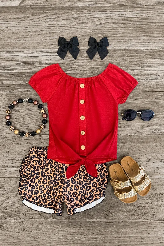 Short-Sleeve DressRed Tie Top Cheetah Short Set