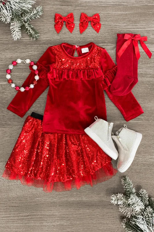 women's designer dressesRed Velvet Tulle Sequin Skirt Set