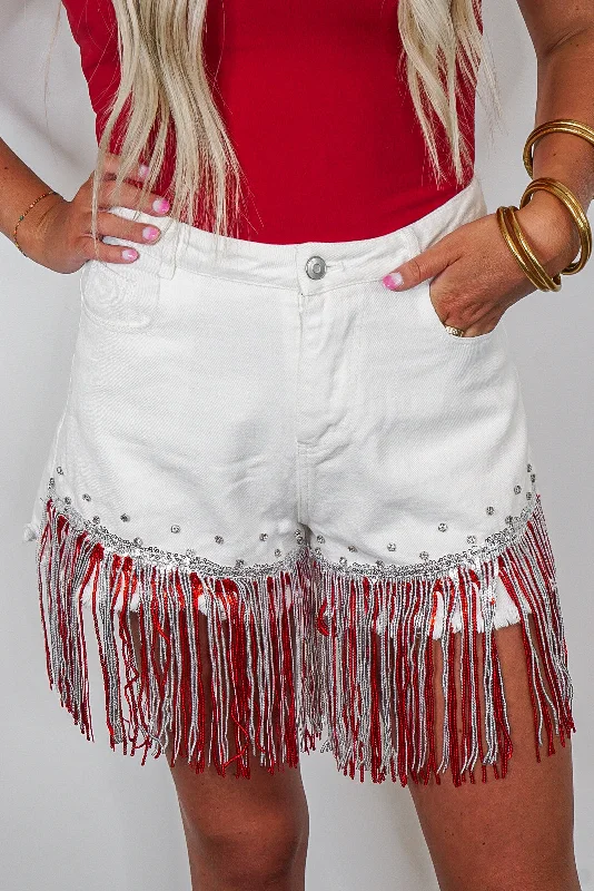 women's formal dressesSequin Fringe White Rhinestone Shorts