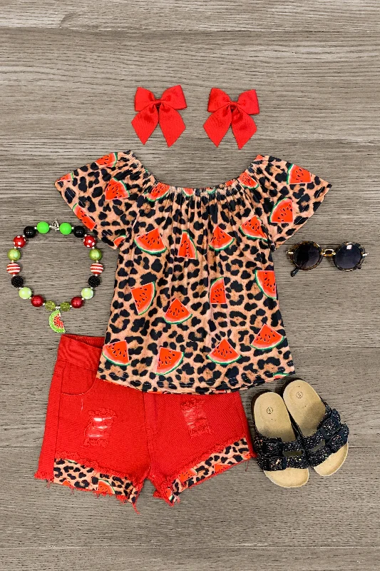 women's tall dressesWatermelons & Leopard Denim Short Set