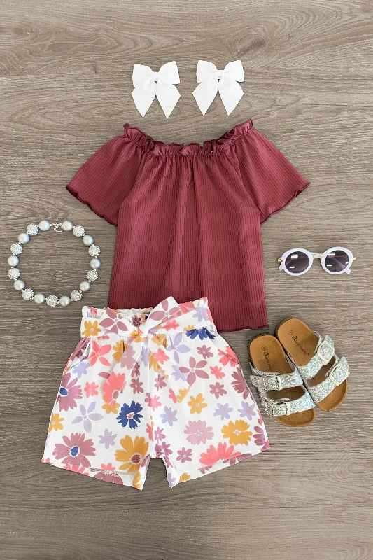 Designer DressBurgundy Flower Tie Short Set