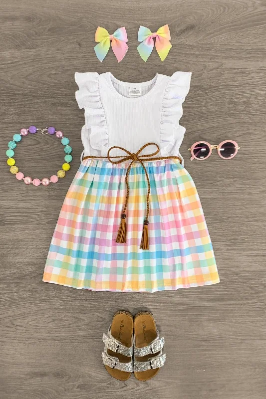 Designer DressWhite Pastel Rainbow Plaid Dress