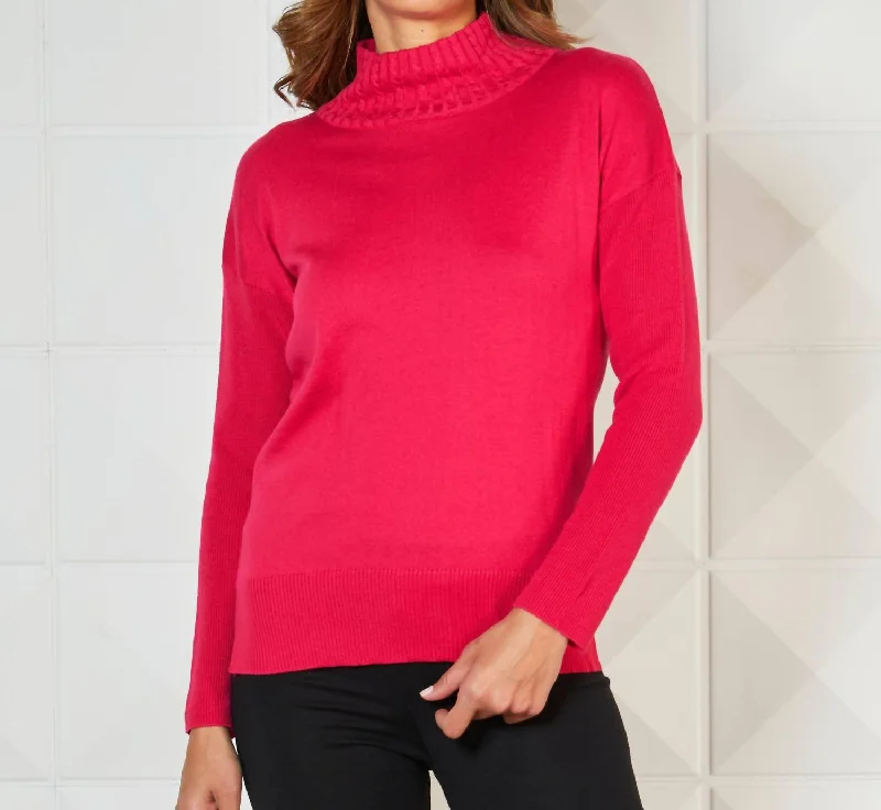 Retro Stylish Flannel SweatersBraided Mock Neck Ribbed Sleeve Top In Rose