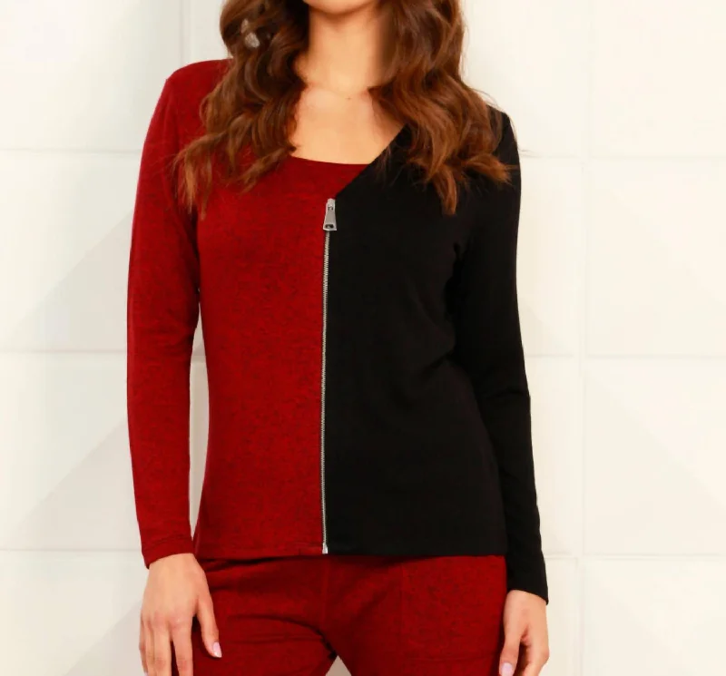 Plus-Size Pullover Chunky SweatersColor Block V-Neck Zip Cardigan In Black/wine