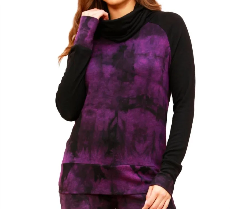 Wholesale SweatersMarble Wash Color Block Turtleneck Top In Grape