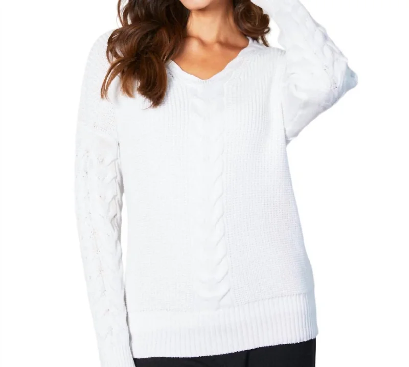 Plus-Size SweatersV-Neck Cable Knit Sweater In White