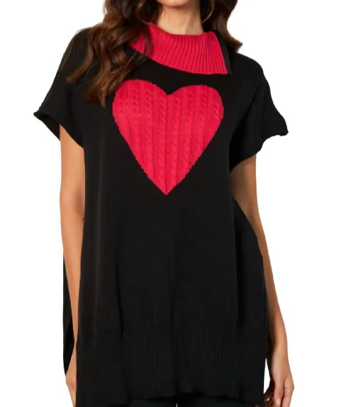 High-Neck SweatersZip Cowl Neck Heart Poncho In Black/rose