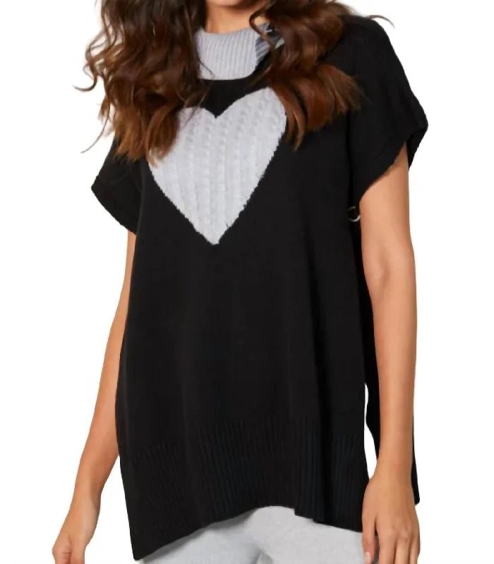 Luxurious SweatersZip Cowl Neck Heart Poncho In Black/slate