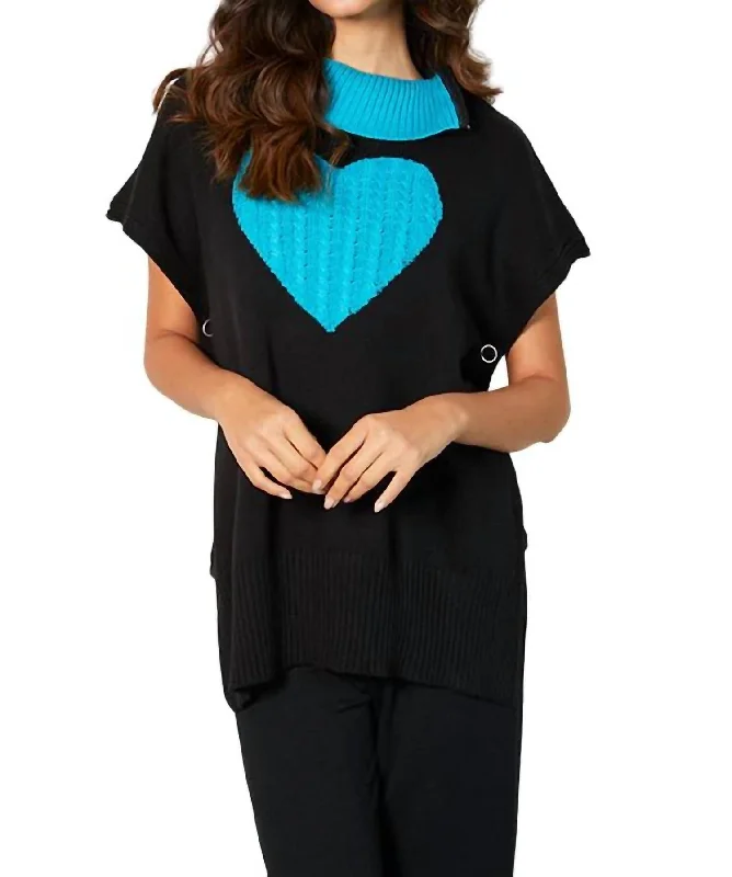 Elegant SweatersZip Cowl Neck Heart Poncho In Black/turquoise